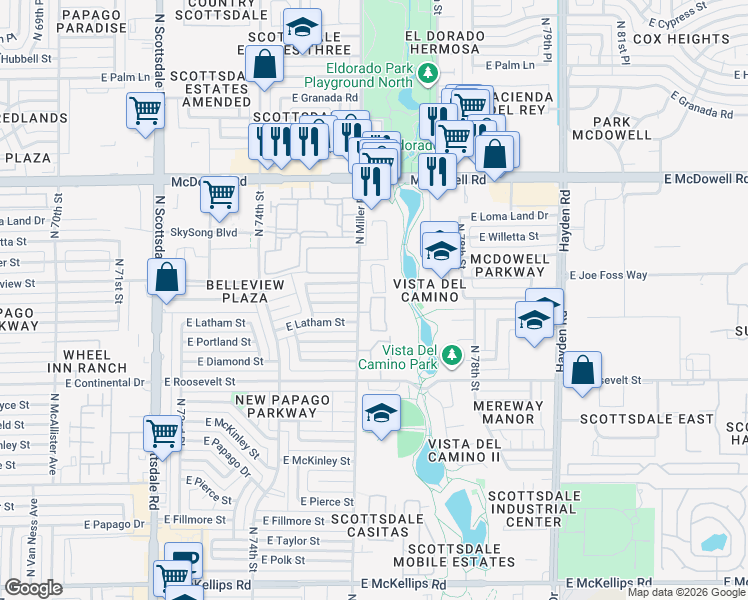 map of restaurants, bars, coffee shops, grocery stores, and more near North 75th Place in Scottsdale