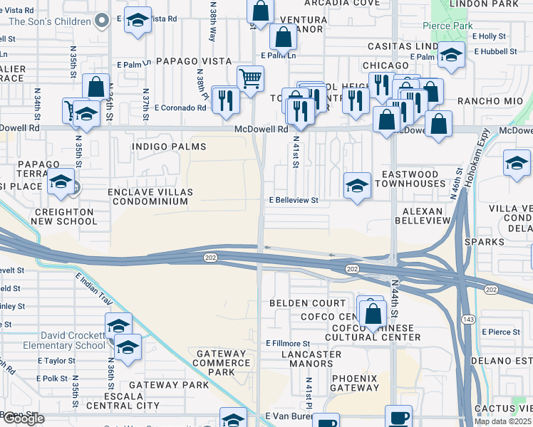 map of restaurants, bars, coffee shops, grocery stores, and more near 1131 North 40th Street in Phoenix