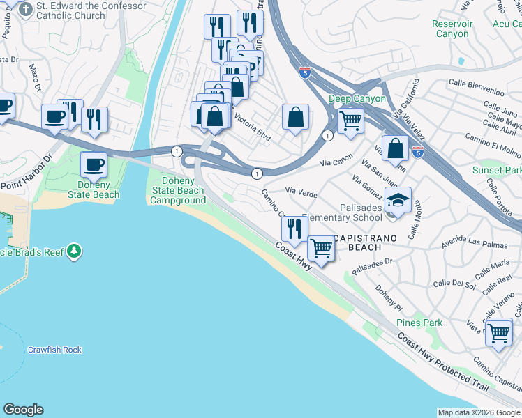 map of restaurants, bars, coffee shops, grocery stores, and more near 34433 Via Verde in Dana Point
