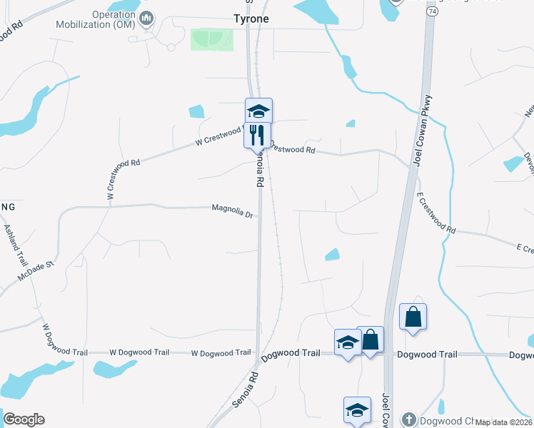 map of restaurants, bars, coffee shops, grocery stores, and more near 215 Brooks Drive in Tyrone