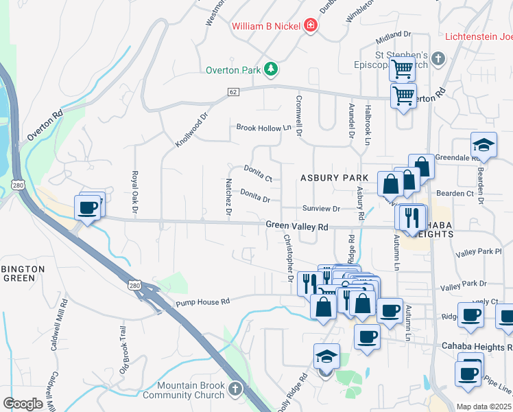 map of restaurants, bars, coffee shops, grocery stores, and more near 2968 Donita Drive in Vestavia Hills