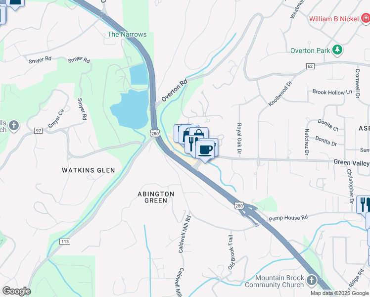 map of restaurants, bars, coffee shops, grocery stores, and more near 3920 Green Valley Road in Mountain Brook