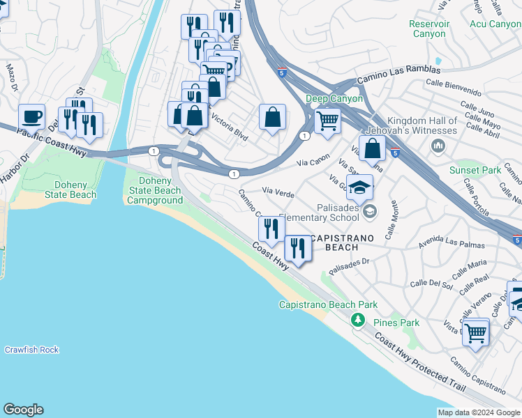 map of restaurants, bars, coffee shops, grocery stores, and more near 34532 Camino Capistrano in Dana Point