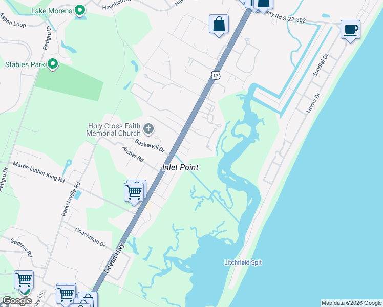 map of restaurants, bars, coffee shops, grocery stores, and more near 94 Surprise Lane in Pawleys Island