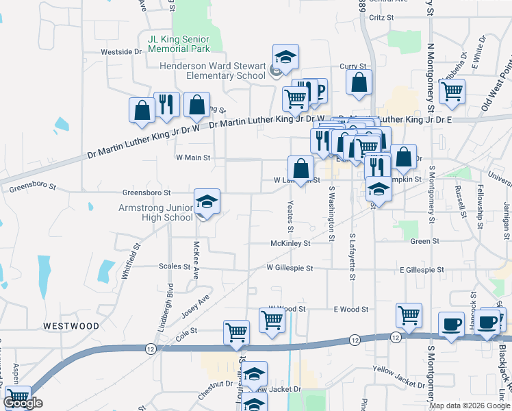 map of restaurants, bars, coffee shops, grocery stores, and more near 313 Greensboro Street in Starkville