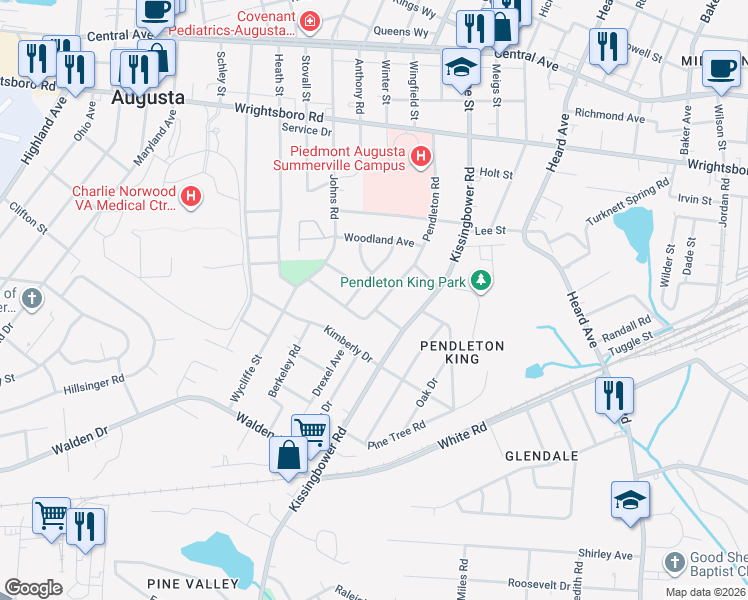 map of restaurants, bars, coffee shops, grocery stores, and more near 1614 Winter Street in Augusta