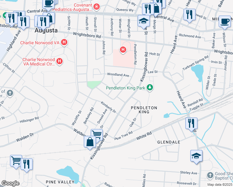 map of restaurants, bars, coffee shops, grocery stores, and more near 1621 Pendleton Road in Augusta