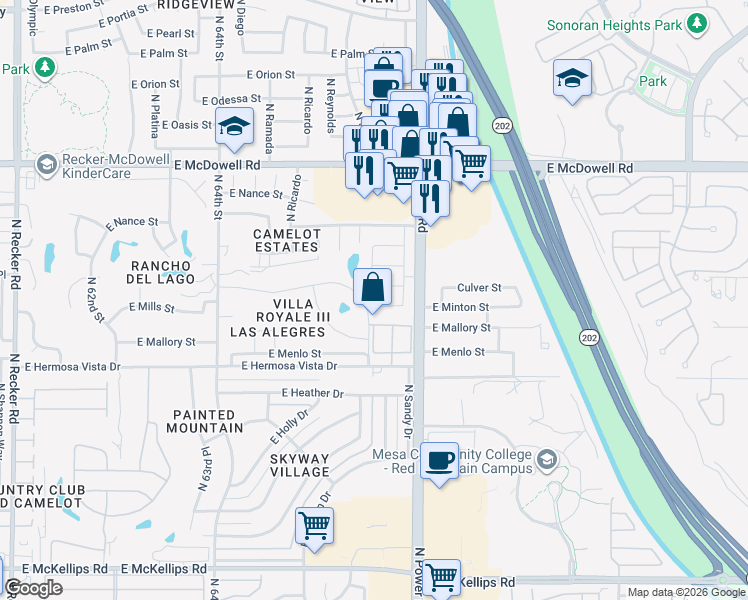 map of restaurants, bars, coffee shops, grocery stores, and more near 6728 East Melrose Street in Mesa