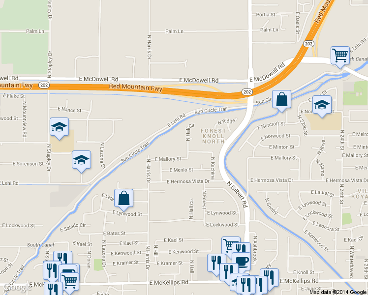 map of restaurants, bars, coffee shops, grocery stores, and more near 2554 North Hall Circle in Mesa