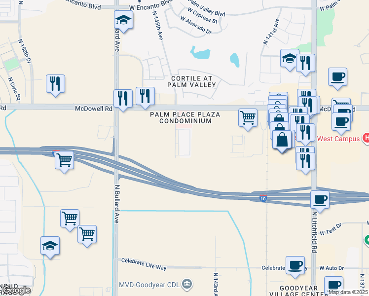 map of restaurants, bars, coffee shops, grocery stores, and more near 14423 West McDowell Road in Goodyear