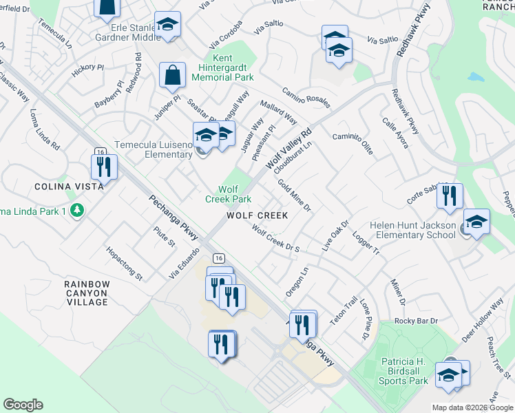 map of restaurants, bars, coffee shops, grocery stores, and more near 31870 Domenoe Way in Temecula