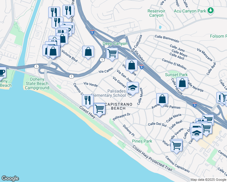 map of restaurants, bars, coffee shops, grocery stores, and more near 34512 Via Espinoza in Dana Point