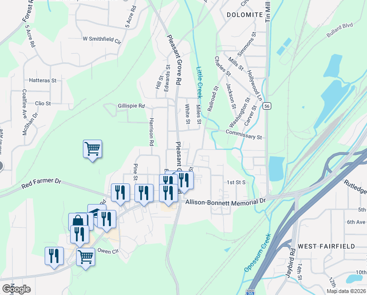 map of restaurants, bars, coffee shops, grocery stores, and more near 1656 Pleasant Grove Road in Hueytown