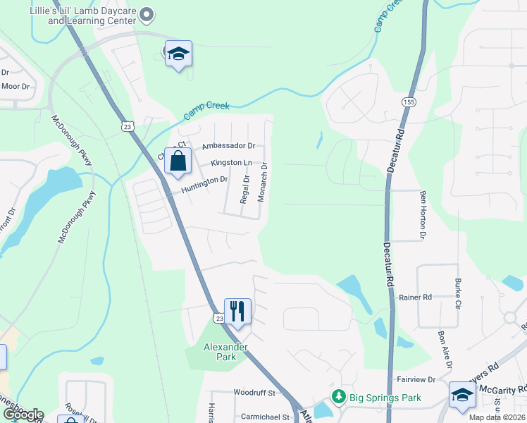 map of restaurants, bars, coffee shops, grocery stores, and more near 4020 Monarch Drive in McDonough