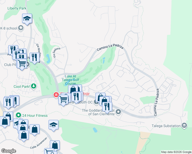 map of restaurants, bars, coffee shops, grocery stores, and more near 64 Avenida Cristal in San Clemente
