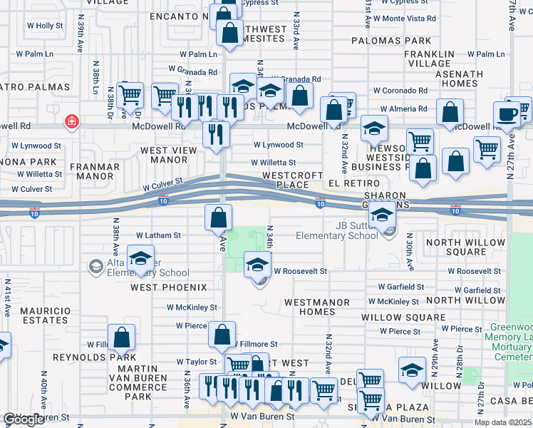map of restaurants, bars, coffee shops, grocery stores, and more near 1220 North 34th Avenue in Phoenix