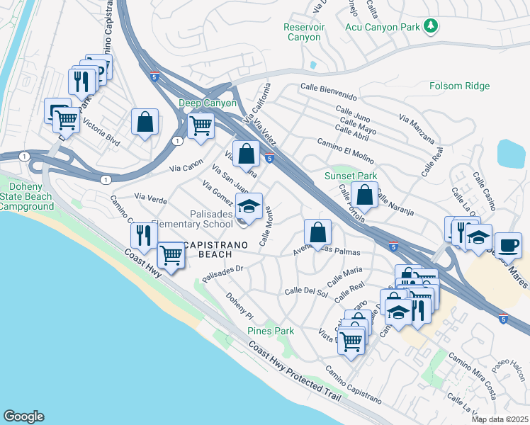 map of restaurants, bars, coffee shops, grocery stores, and more near 34511 Calle Monte in Dana Point