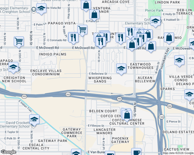 map of restaurants, bars, coffee shops, grocery stores, and more near 4041 East Belleview Street in Phoenix