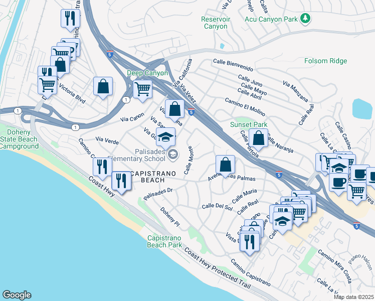 map of restaurants, bars, coffee shops, grocery stores, and more near 34511 Calle Monte in Dana Point