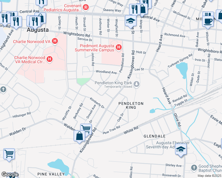 map of restaurants, bars, coffee shops, grocery stores, and more near 1616 Pendleton Road in Augusta