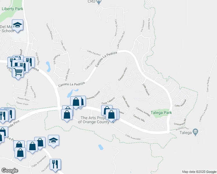 map of restaurants, bars, coffee shops, grocery stores, and more near 7 Calle Merecida in San Clemente