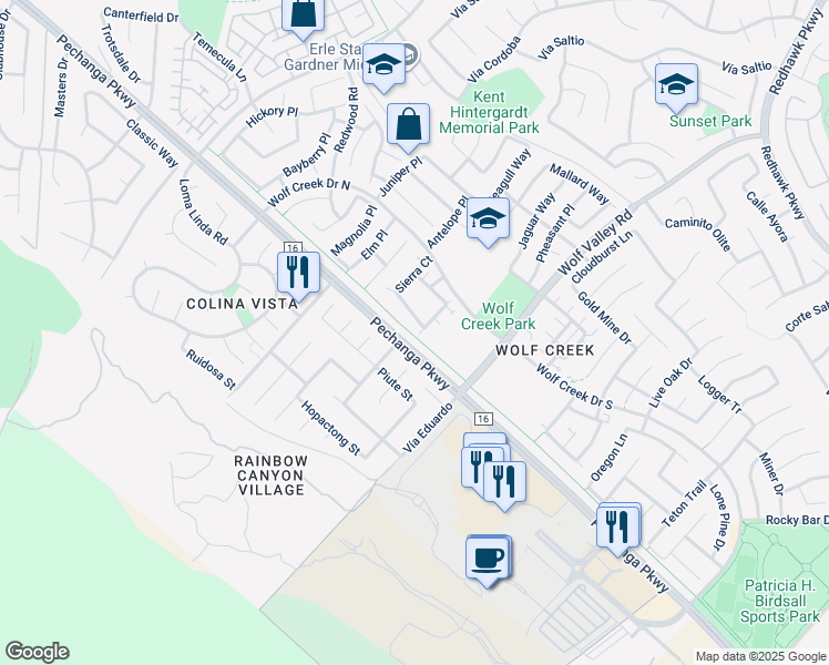 map of restaurants, bars, coffee shops, grocery stores, and more near 45817 Klamath Court in Temecula