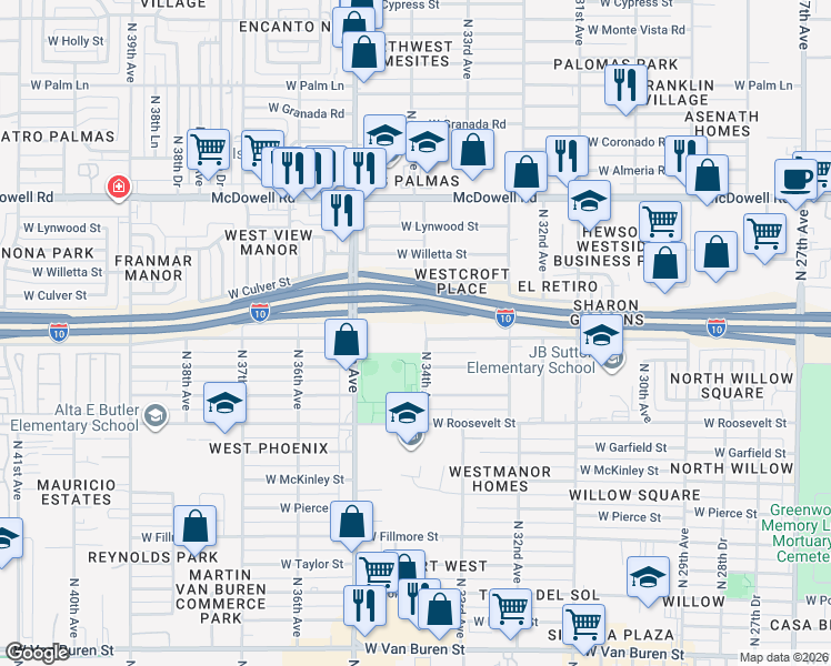 map of restaurants, bars, coffee shops, grocery stores, and more near North 34th Avenue in Phoenix