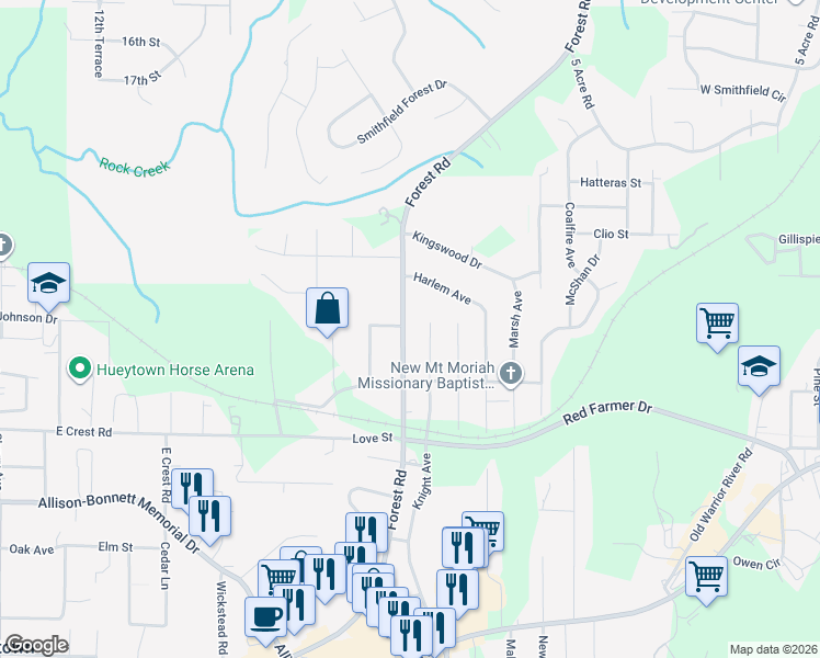 map of restaurants, bars, coffee shops, grocery stores, and more near 505 Forest Road in Hueytown