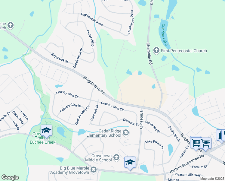 map of restaurants, bars, coffee shops, grocery stores, and more near 600-798 Meadow Hill Drive in Grovetown