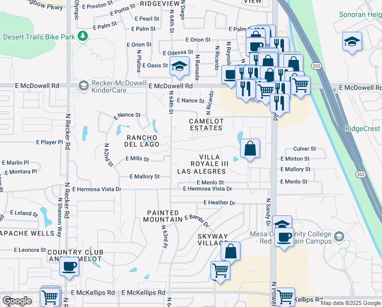 map of restaurants, bars, coffee shops, grocery stores, and more near 6434 East Melrose Street in Mesa