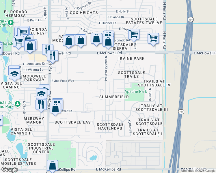 map of restaurants, bars, coffee shops, grocery stores, and more near 1257 North Granite Reef Road in Scottsdale