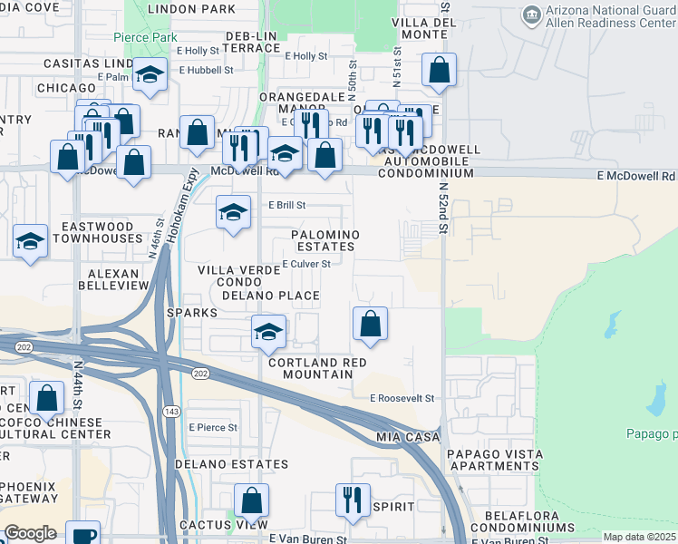 map of restaurants, bars, coffee shops, grocery stores, and more near 4926 East Culver Street in Phoenix