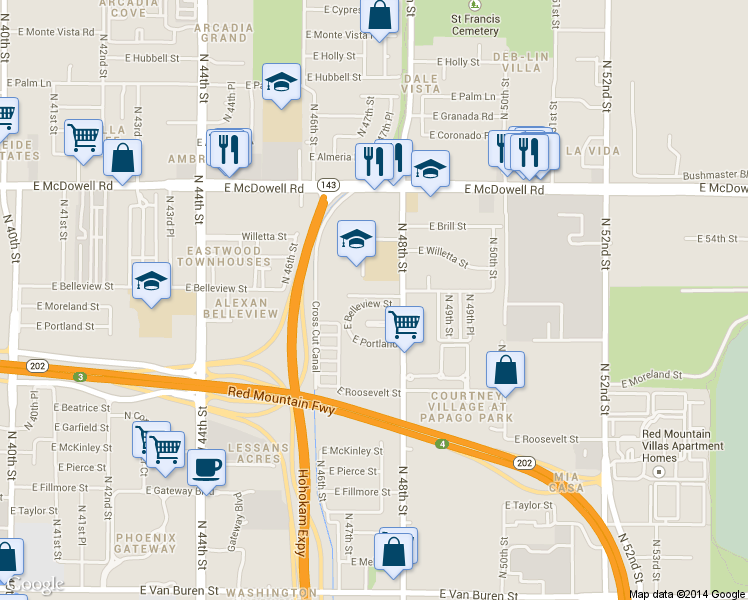 map of restaurants, bars, coffee shops, grocery stores, and more near 4718 East Culver Street in Phoenix