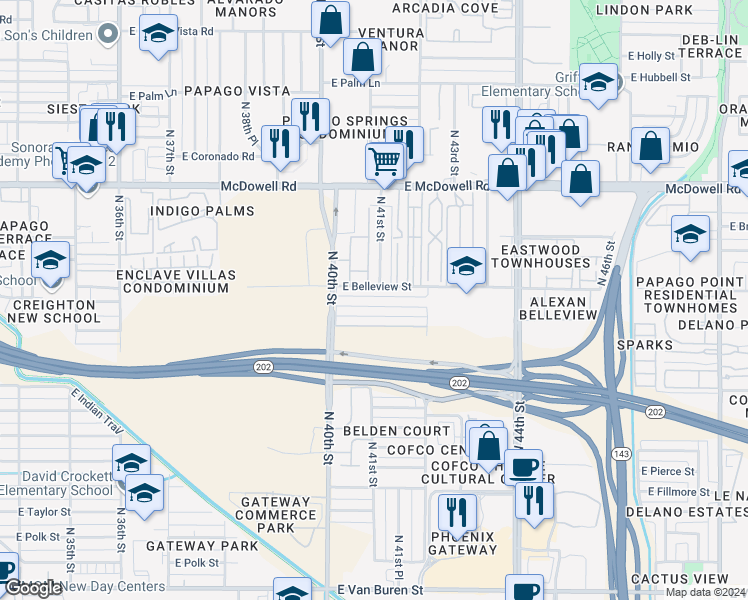 map of restaurants, bars, coffee shops, grocery stores, and more near 4041 East Belleview Street in Phoenix
