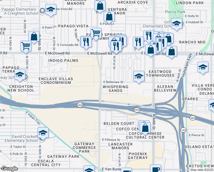 map of restaurants, bars, coffee shops, grocery stores, and more near 1131 North 40th Street in Phoenix