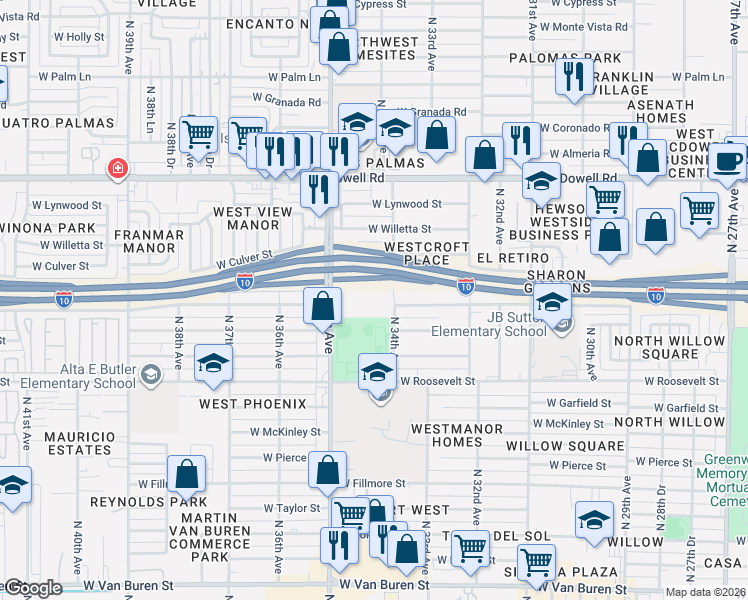 map of restaurants, bars, coffee shops, grocery stores, and more near North 34th Avenue in Phoenix