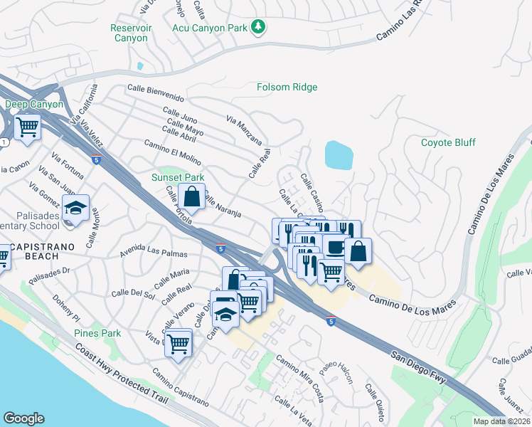 map of restaurants, bars, coffee shops, grocery stores, and more near 27196 Calle Alta Vista in Dana Point