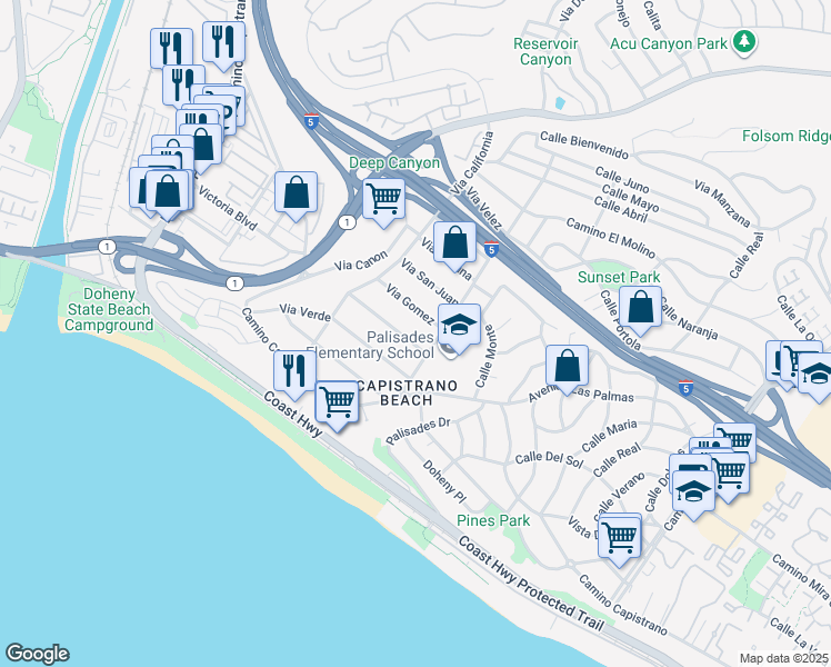 map of restaurants, bars, coffee shops, grocery stores, and more near 34512 Via Espinoza in Dana Point