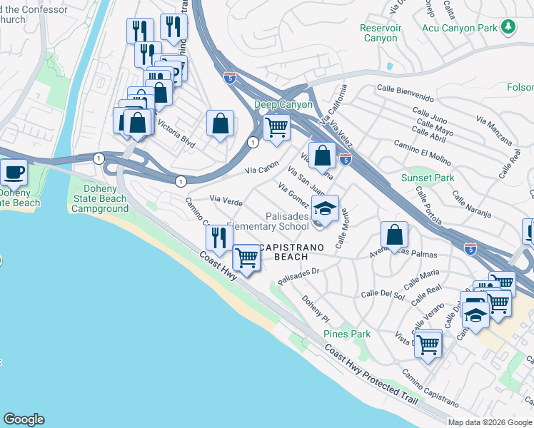 map of restaurants, bars, coffee shops, grocery stores, and more near 34453 Via Espinoza in Dana Point