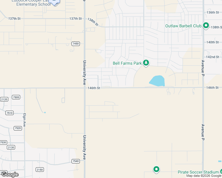 map of restaurants, bars, coffee shops, grocery stores, and more near 2301 146th Street in Lubbock