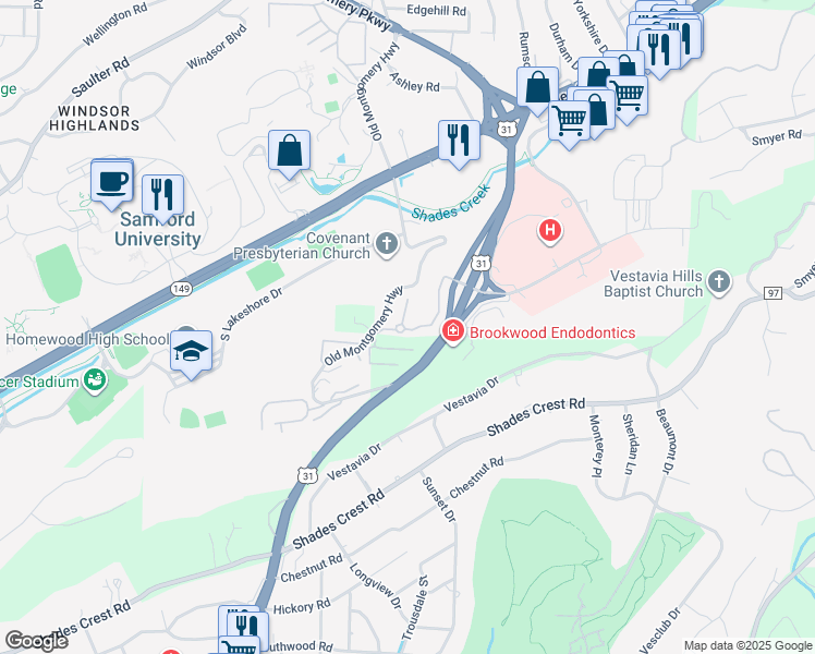 map of restaurants, bars, coffee shops, grocery stores, and more near in Homewood