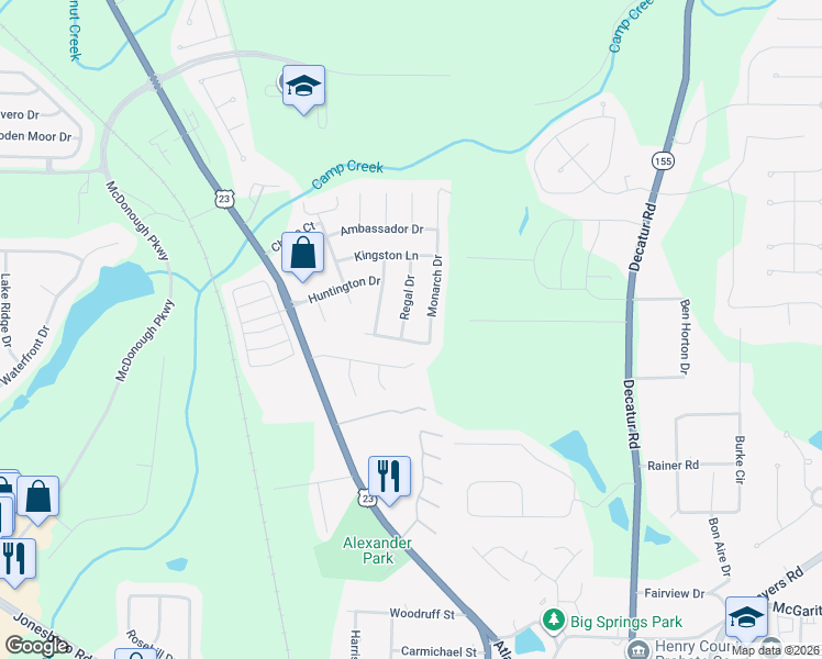 map of restaurants, bars, coffee shops, grocery stores, and more near 3040 Regal Drive in McDonough