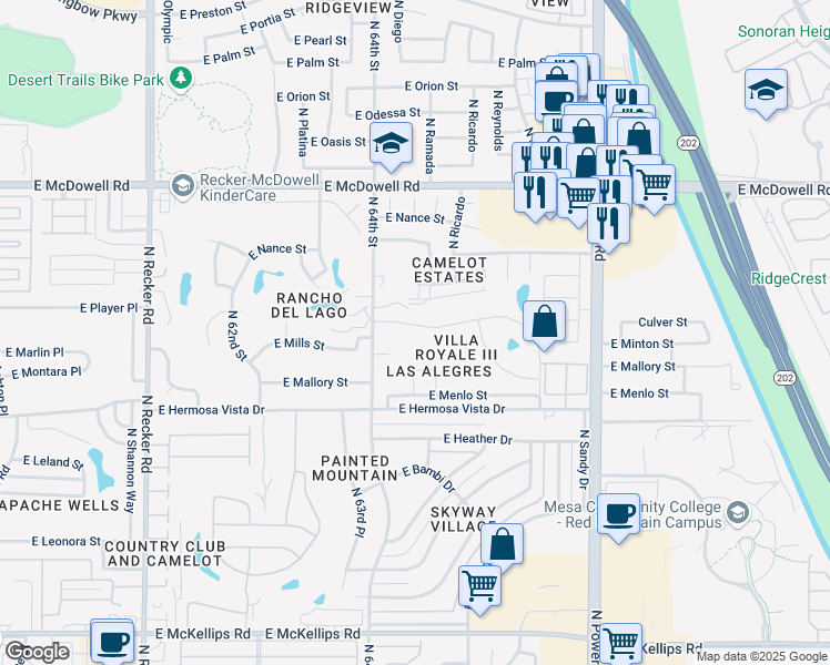 map of restaurants, bars, coffee shops, grocery stores, and more near 6434 East Melrose Street in Mesa