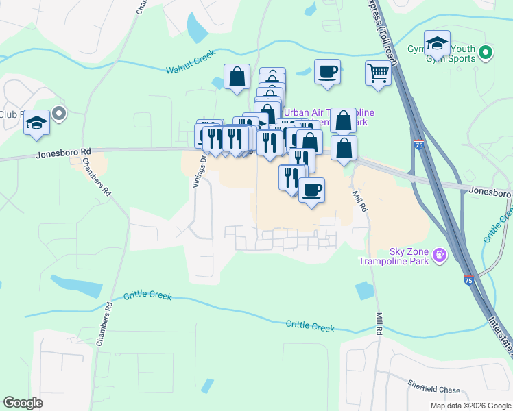 map of restaurants, bars, coffee shops, grocery stores, and more near 1200 Towne Centre Village Drive in McDonough