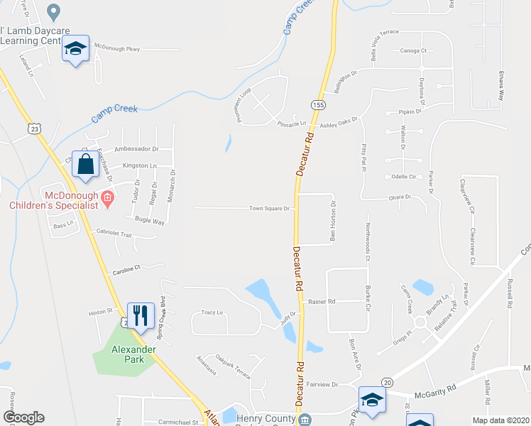 map of restaurants, bars, coffee shops, grocery stores, and more near 2017 Town Square Drive in McDonough