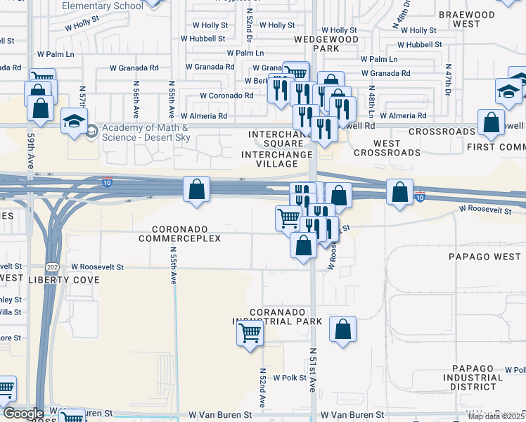 map of restaurants, bars, coffee shops, grocery stores, and more near 1241 North 53rd Avenue in Phoenix