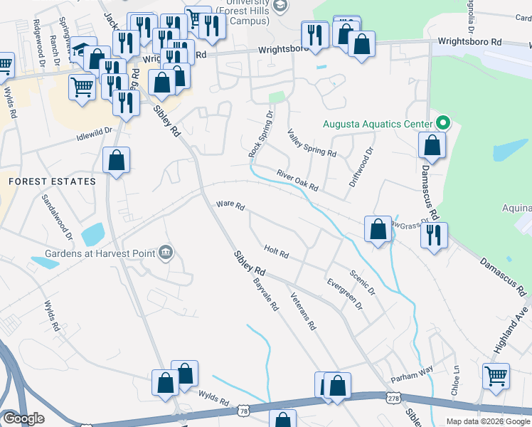 map of restaurants, bars, coffee shops, grocery stores, and more near 3225 Ware Road in Augusta