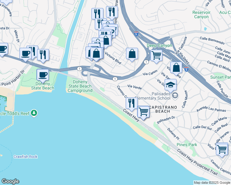 map of restaurants, bars, coffee shops, grocery stores, and more near 26036 Vista Drive East in Dana Point