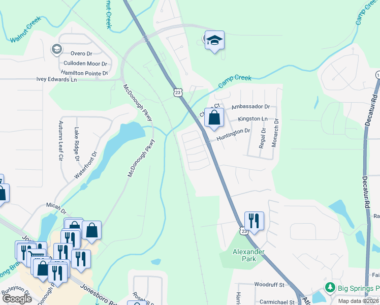 map of restaurants, bars, coffee shops, grocery stores, and more near 20 Huntington Drive in McDonough