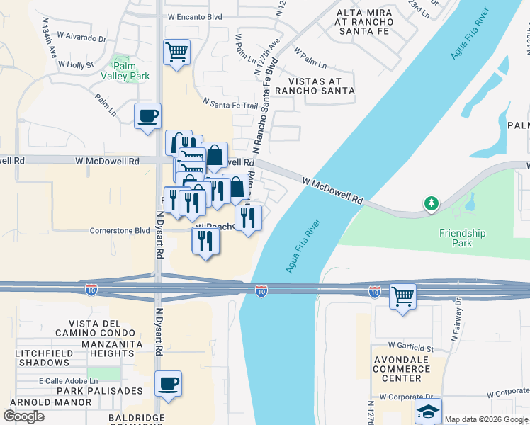 map of restaurants, bars, coffee shops, grocery stores, and more near 13015 West Rancho Santa Fe Boulevard in Avondale